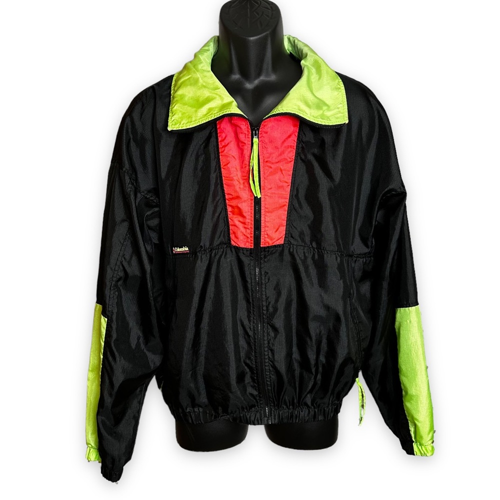 Vintage Columbia Windbreaker Jacket Radial Sleeve Color Block Neon Black Size L